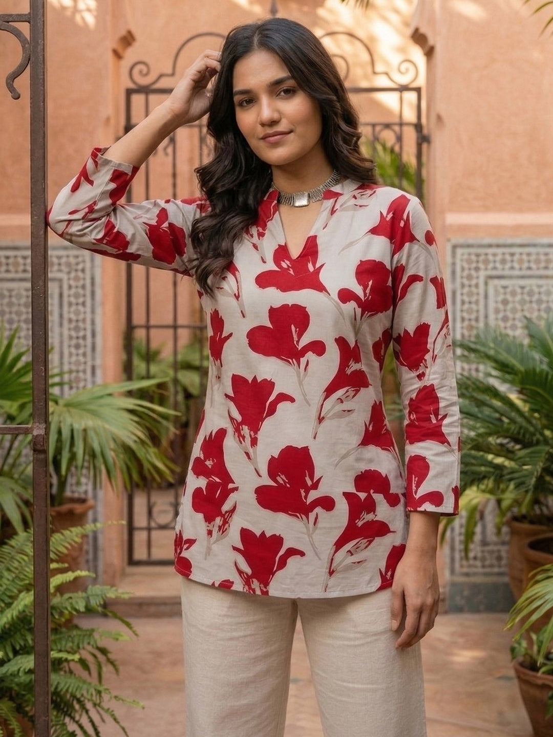 Red Cotton Blend Printed Kurta