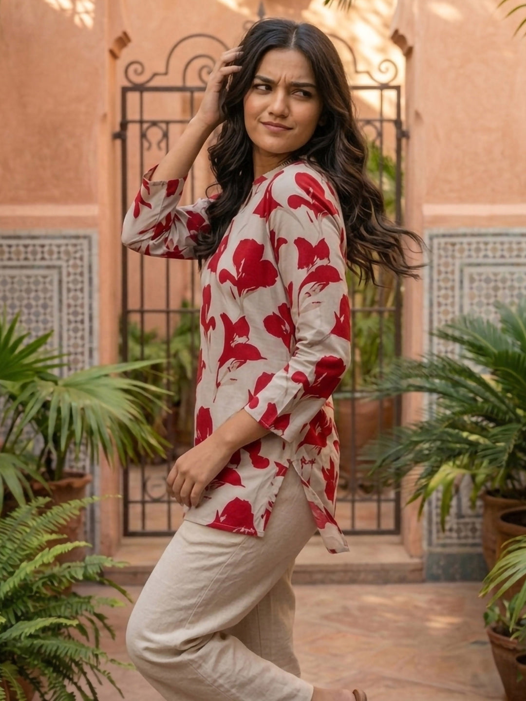 Red Cotton Blend Printed Kurta