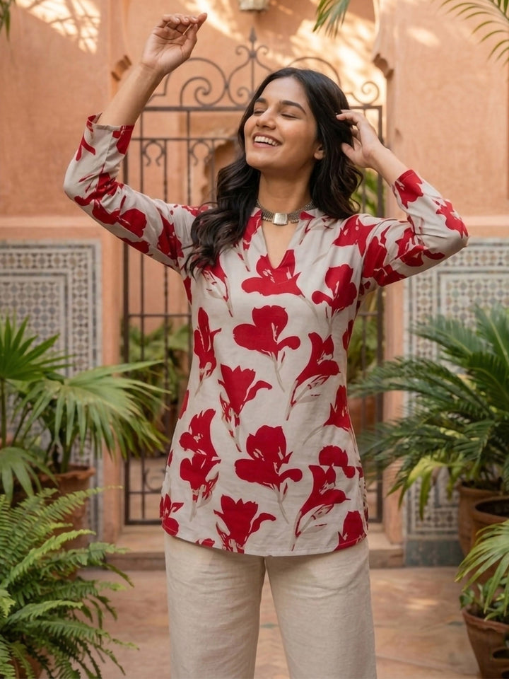 Red Cotton Blend Printed Kurta