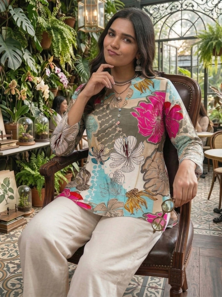Multi-Colored Cotton Blend Printed Kurta