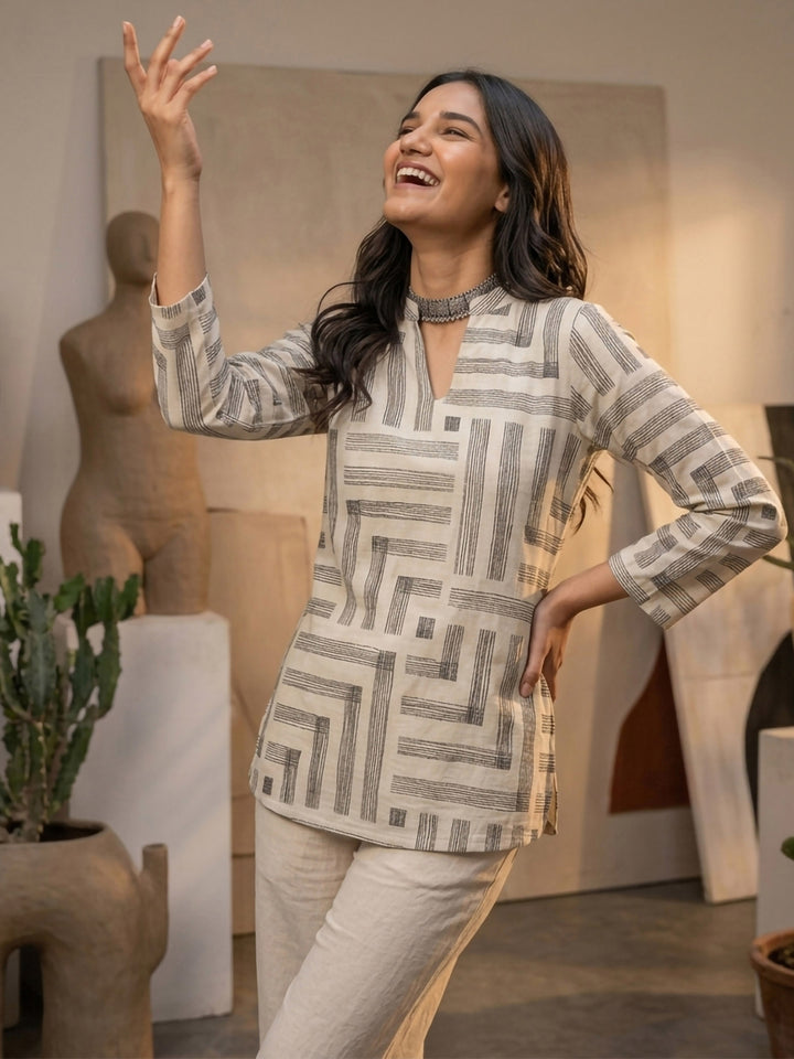 Cream Cotton Blend Printed Kurta