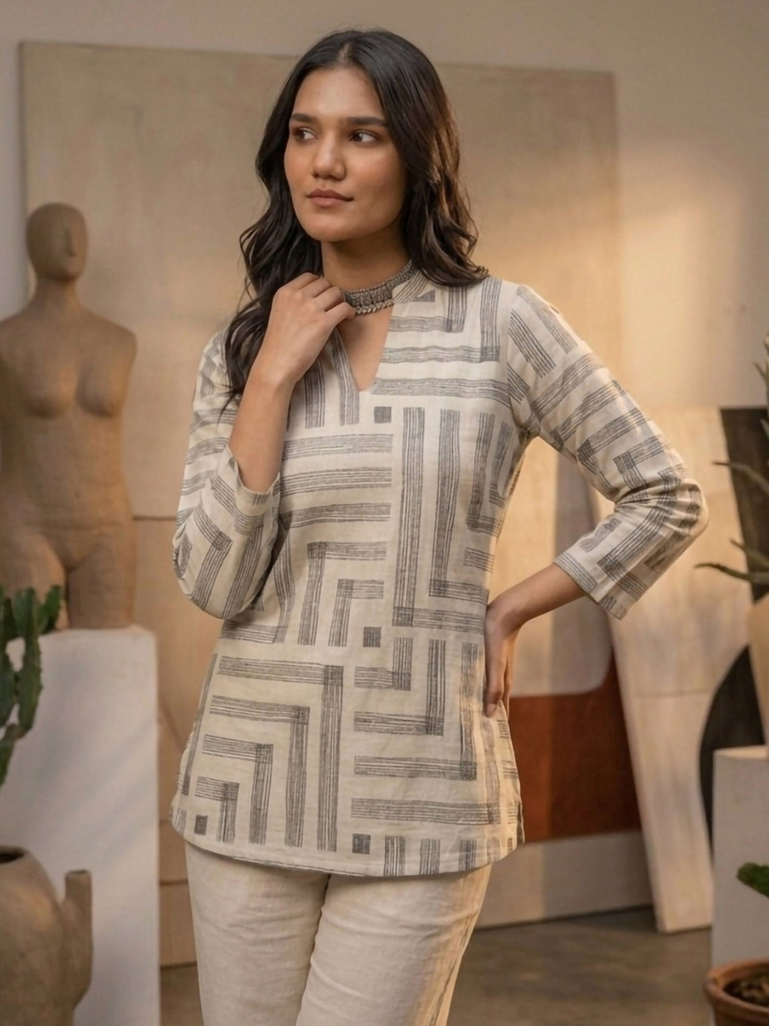 Cream Cotton Blend Printed Kurta