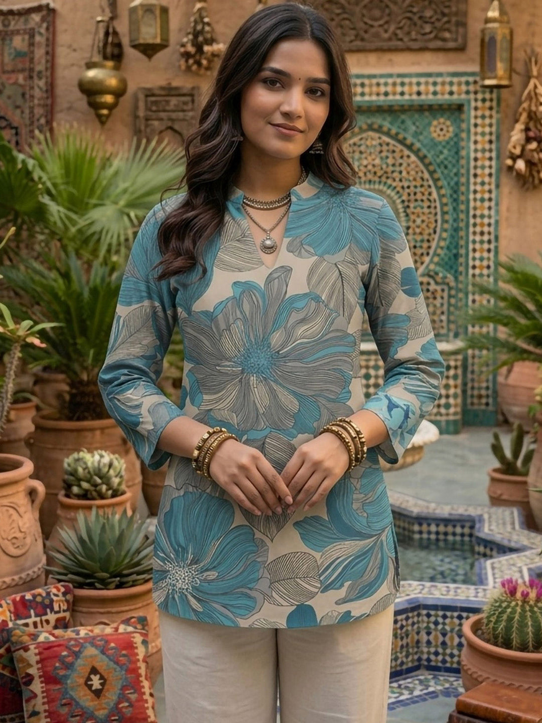 Blue Cotton Blend Printed Kurta