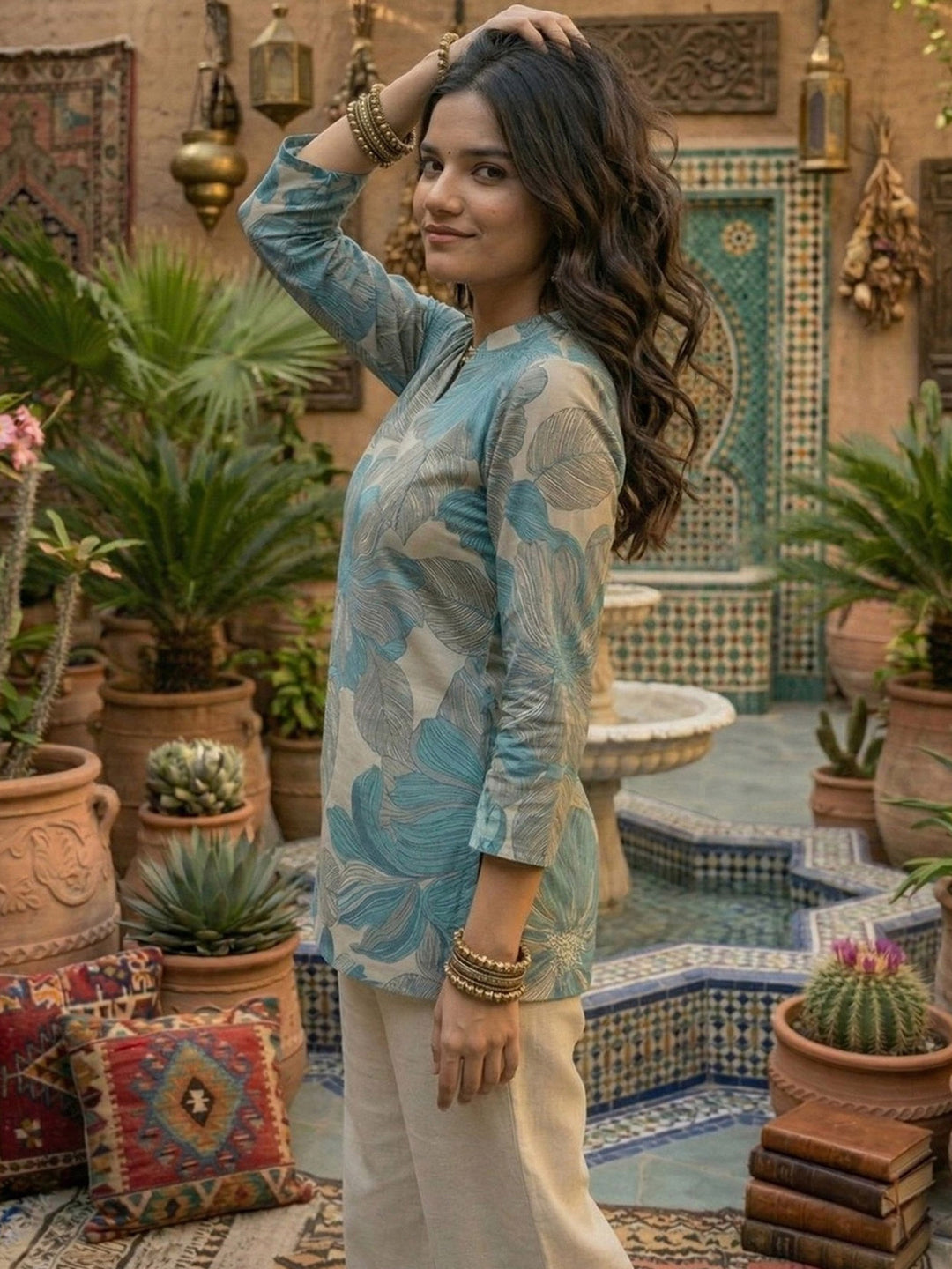 Blue Cotton Blend Printed Kurta