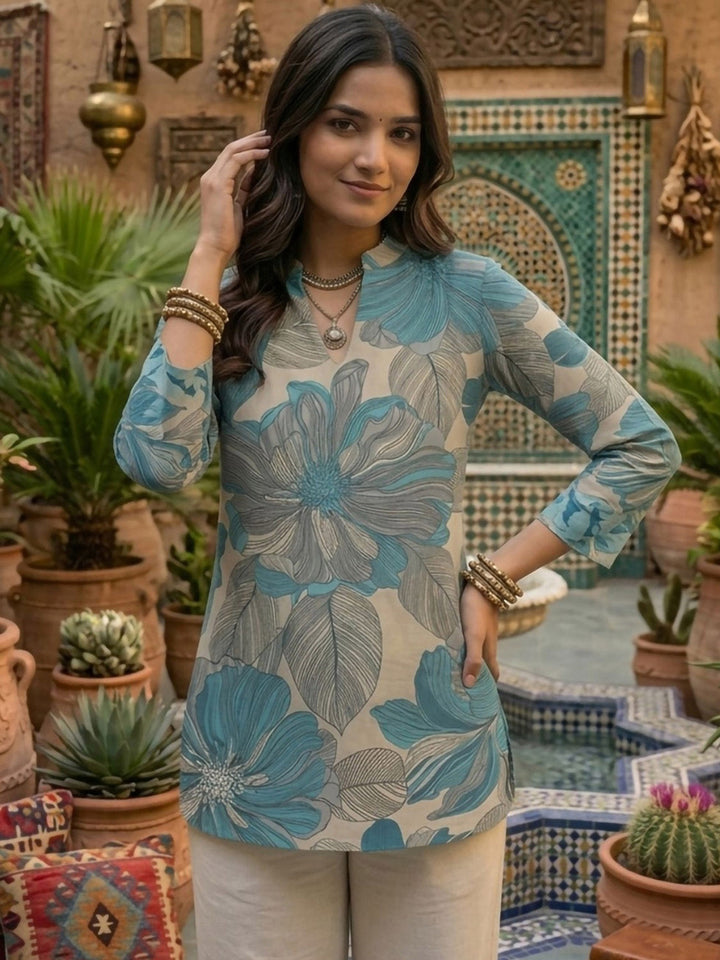 Blue Cotton Blend Printed Kurta