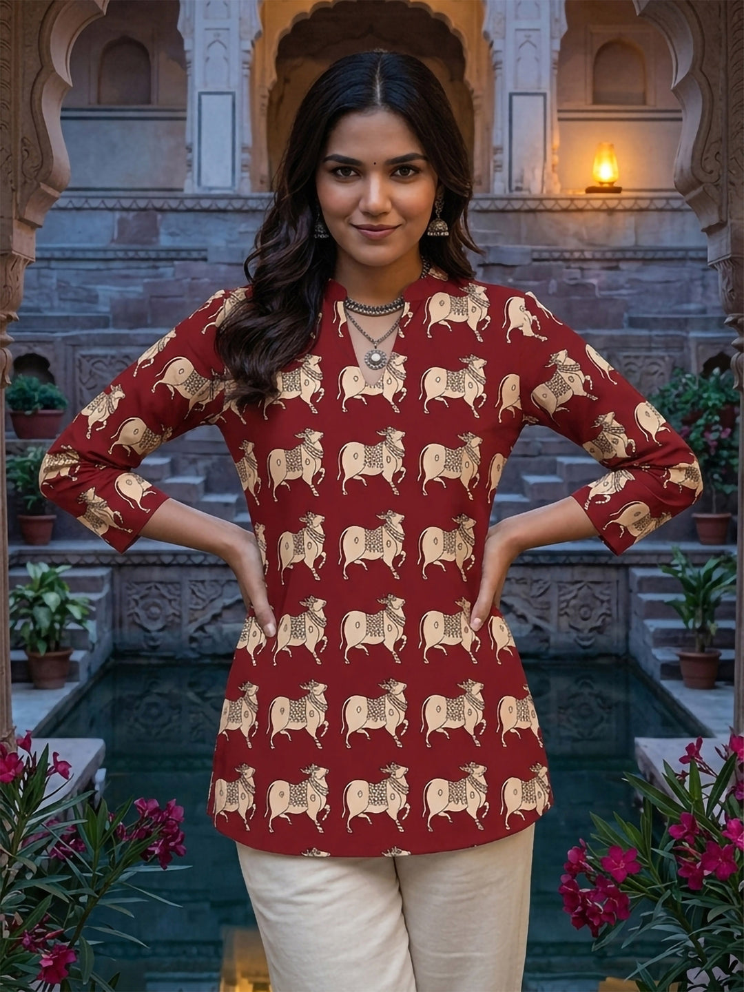 Red Cotton Blend Printed Kurta