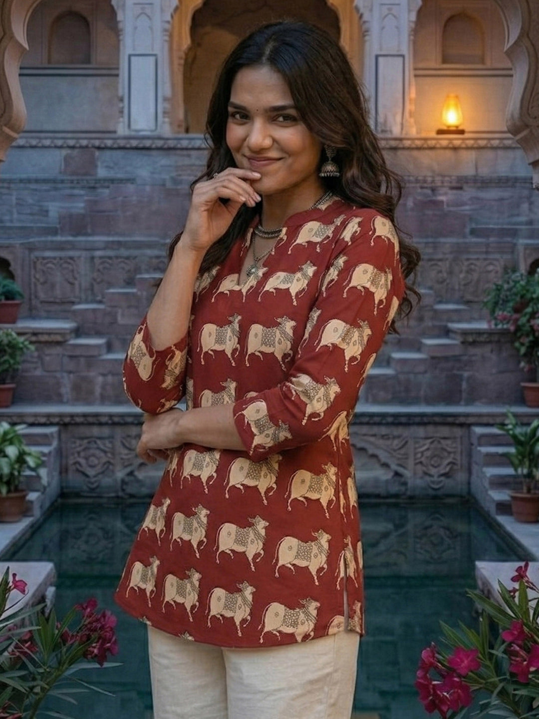 Red Cotton Blend Printed Kurta