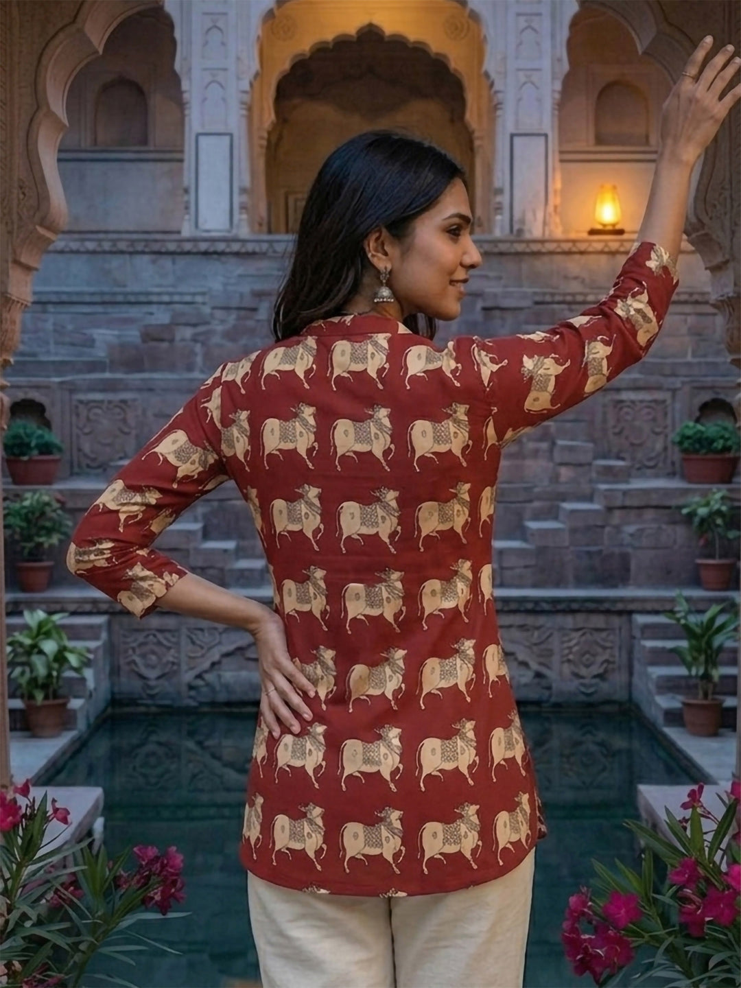 Red Cotton Blend Printed Kurta