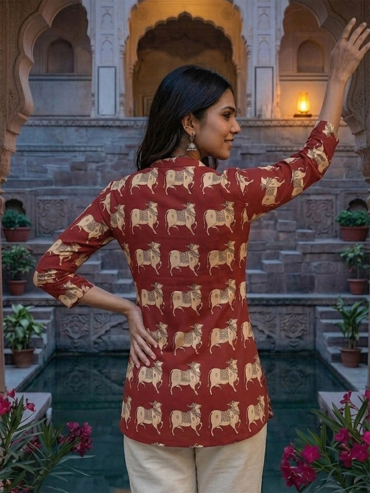 Red Cotton Blend Printed Kurta