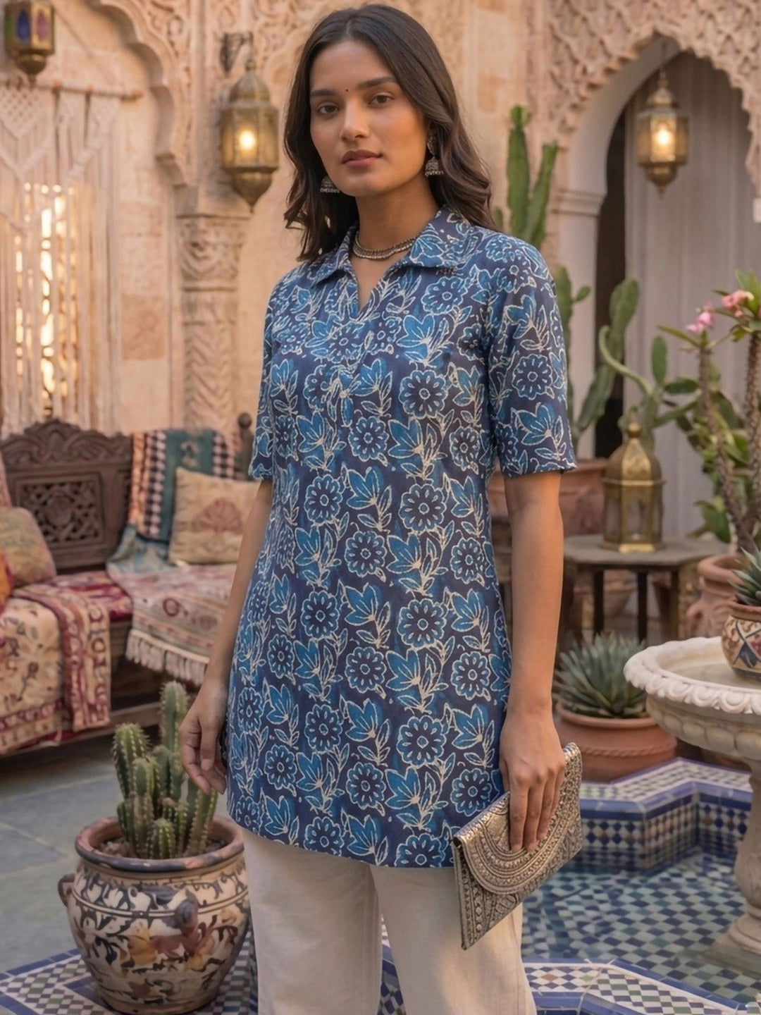 Blue Cotton Blend Printed Kurta