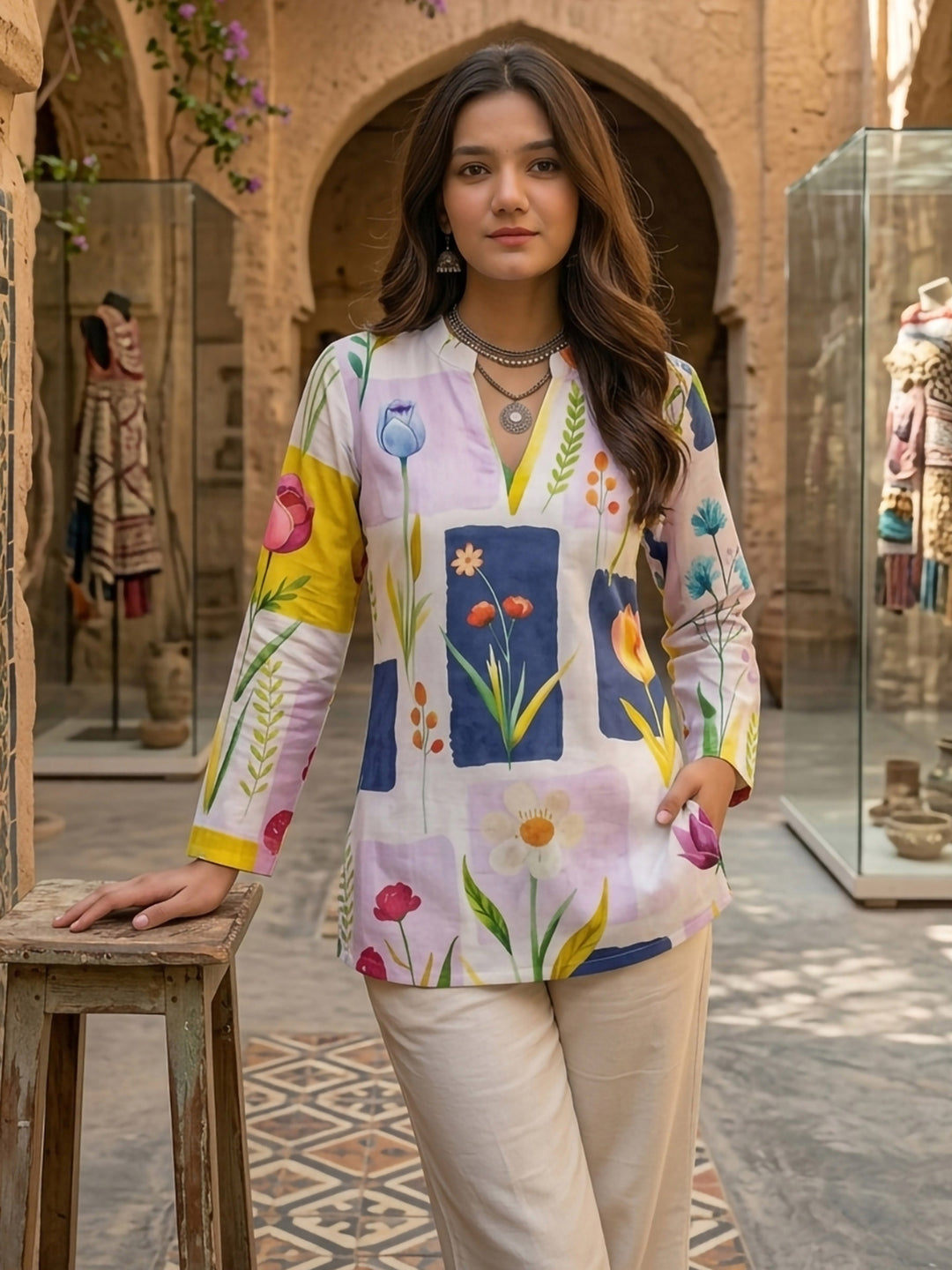 Multi-Colored Cotton Blend Printed Kurta