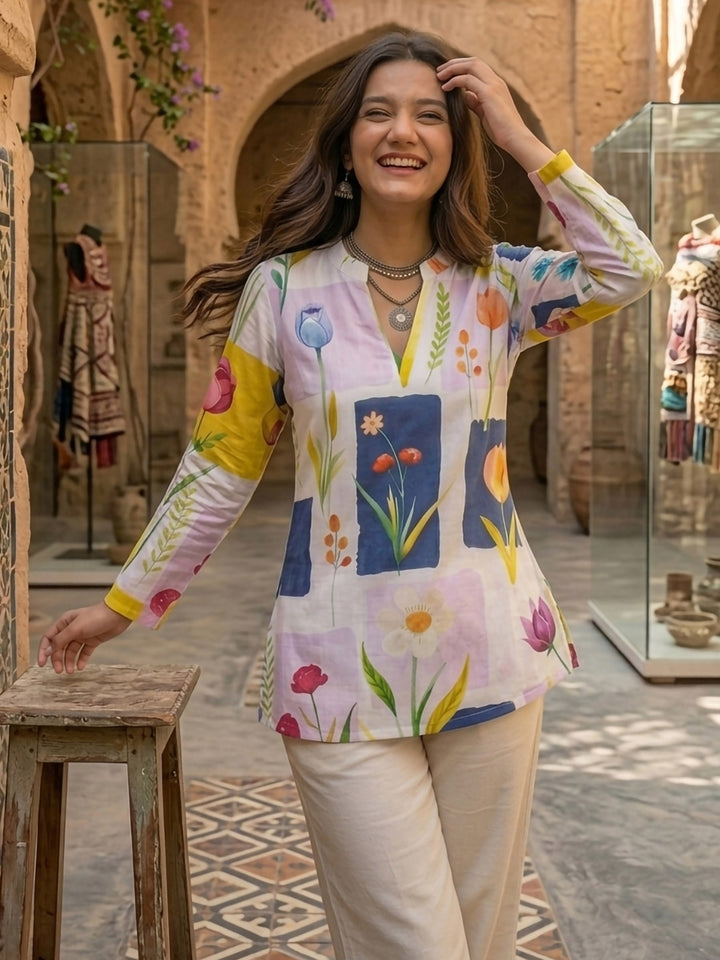 Multi-Colored Cotton Blend Printed Kurta