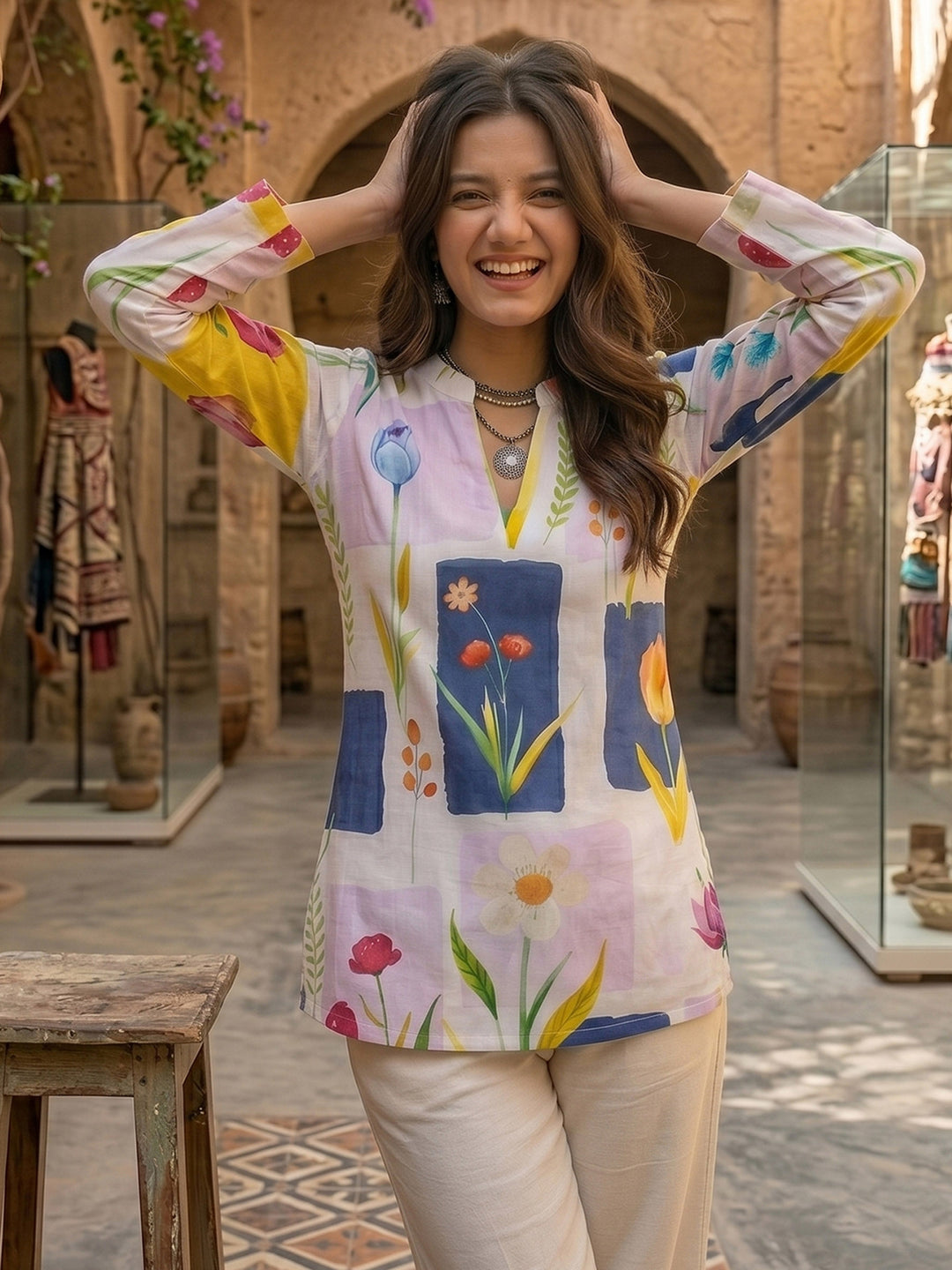 Multi-Colored Cotton Blend Printed Kurta