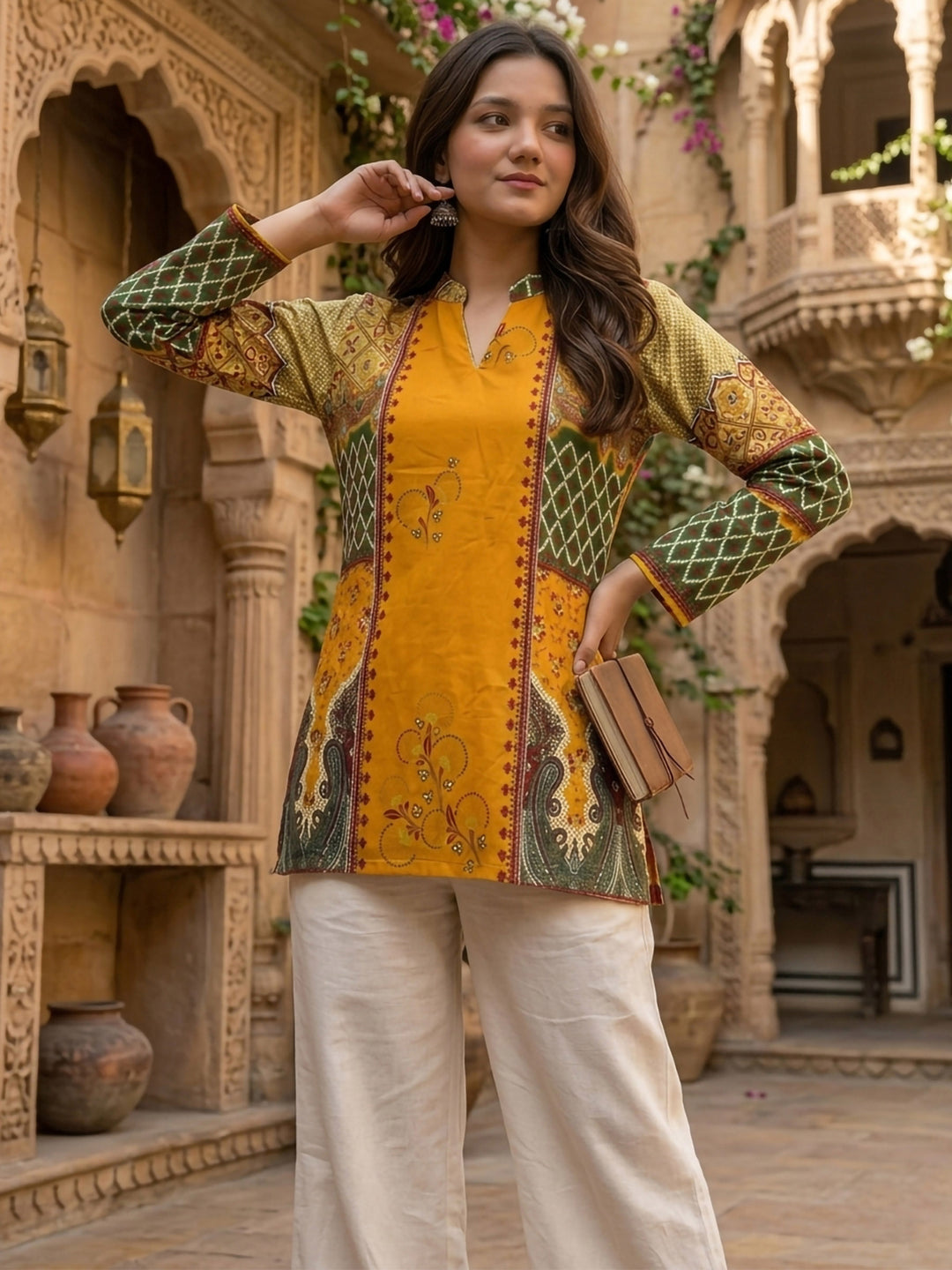 Mustard Cotton Blend Printed Kurta