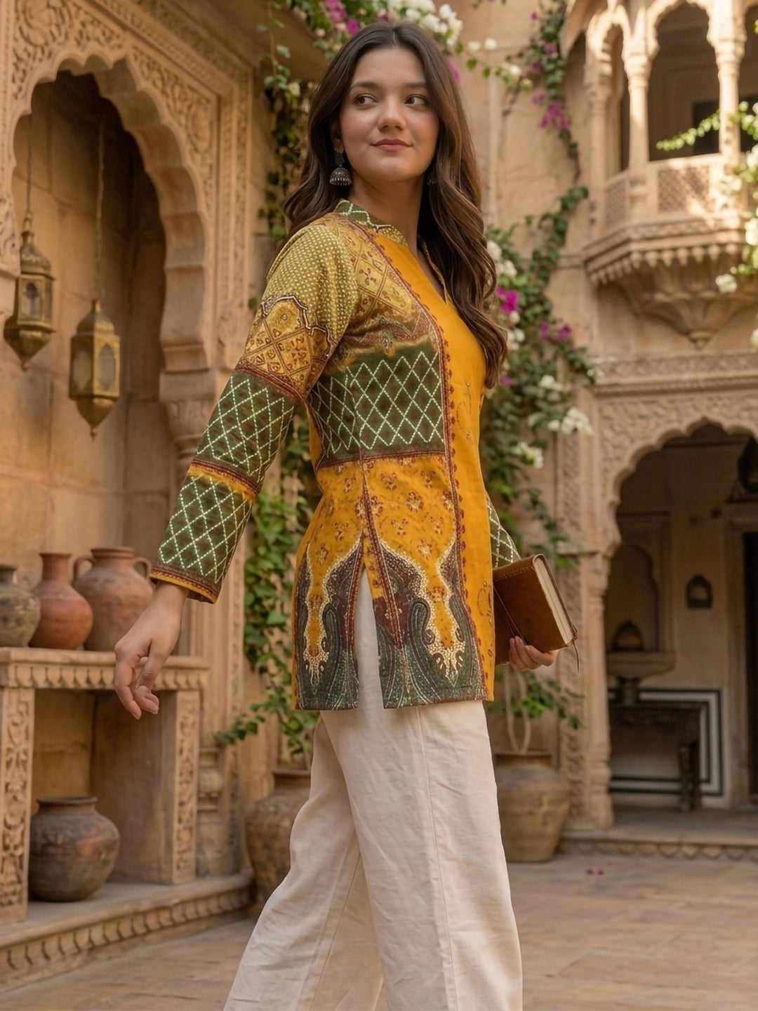 Mustard Cotton Blend Printed Kurta