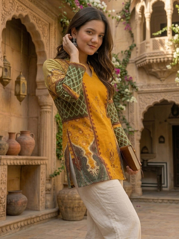 Mustard Cotton Blend Printed Kurta