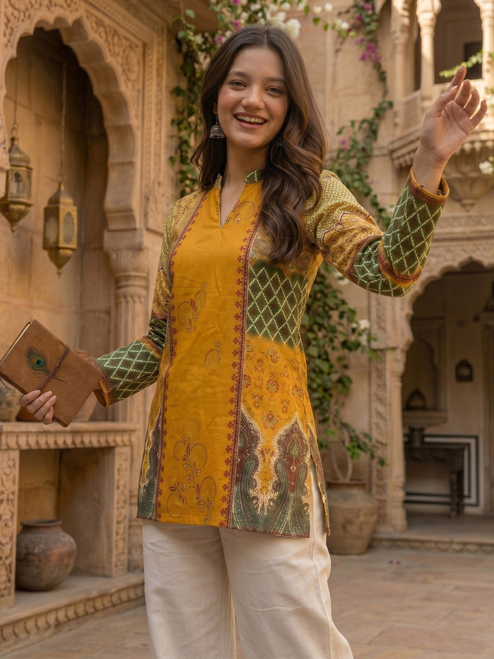 Mustard Cotton Blend Printed Kurta
