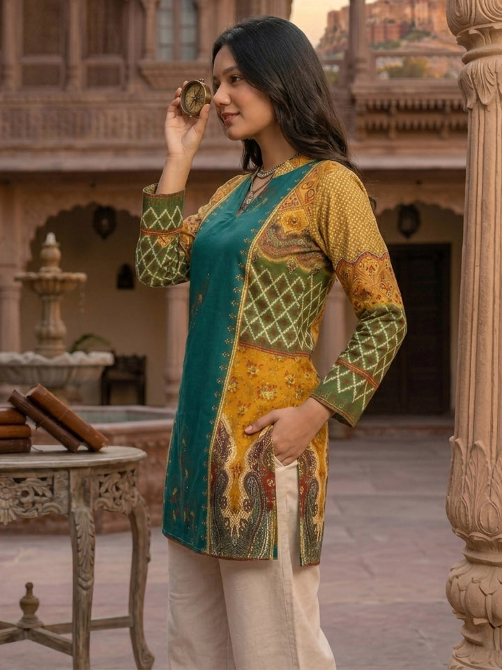 Green Cotton Blend Printed Kurta
