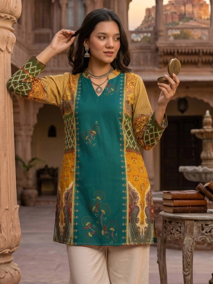 Green Cotton Blend Printed Kurta