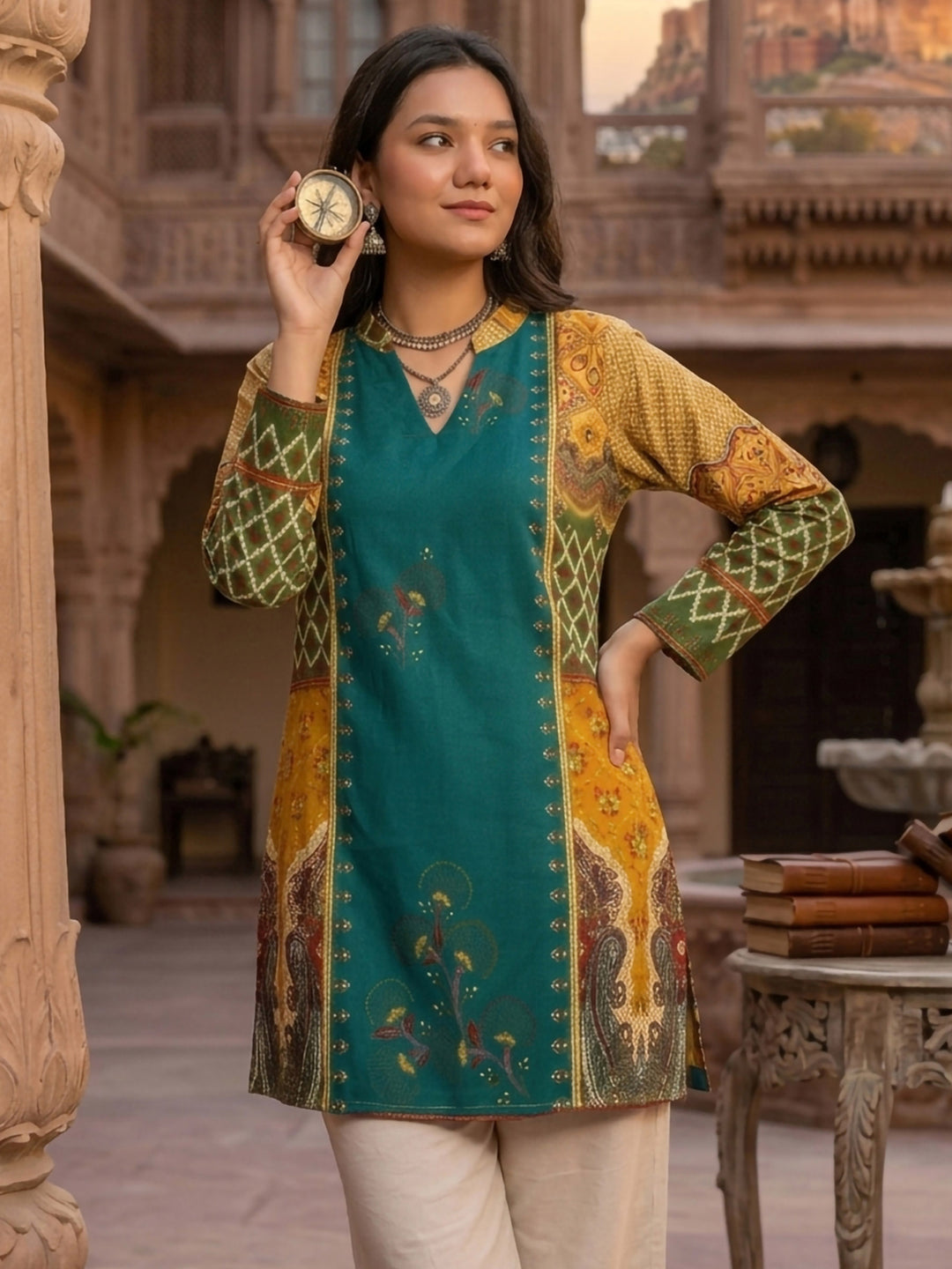 Green Cotton Blend Printed Kurta