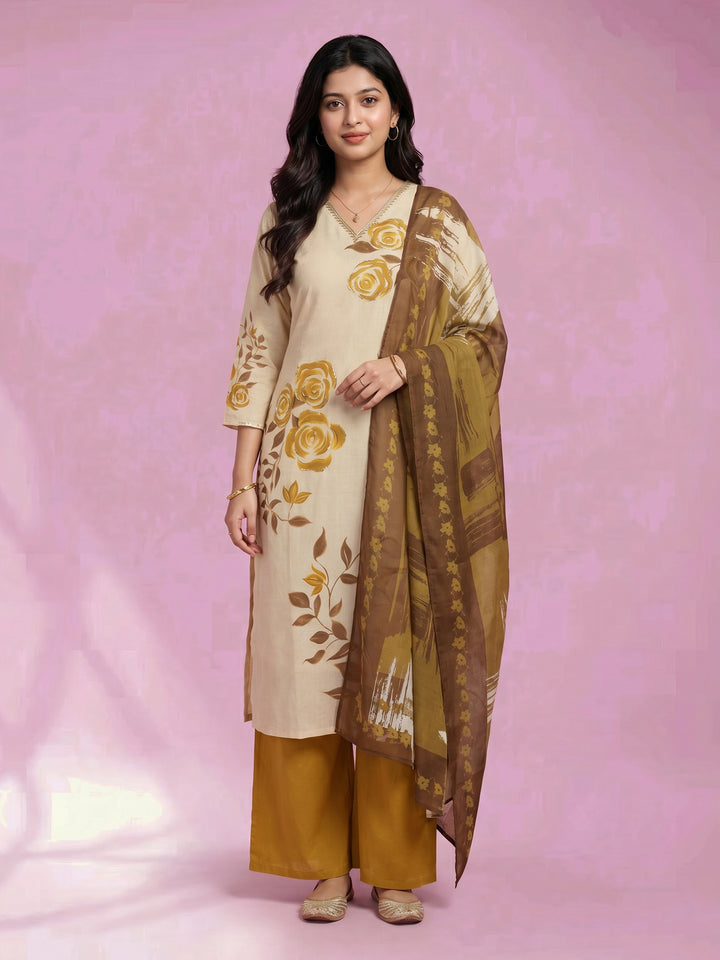 Cream Mehndi Floral Print Cotton Blend V Neck Suit Set