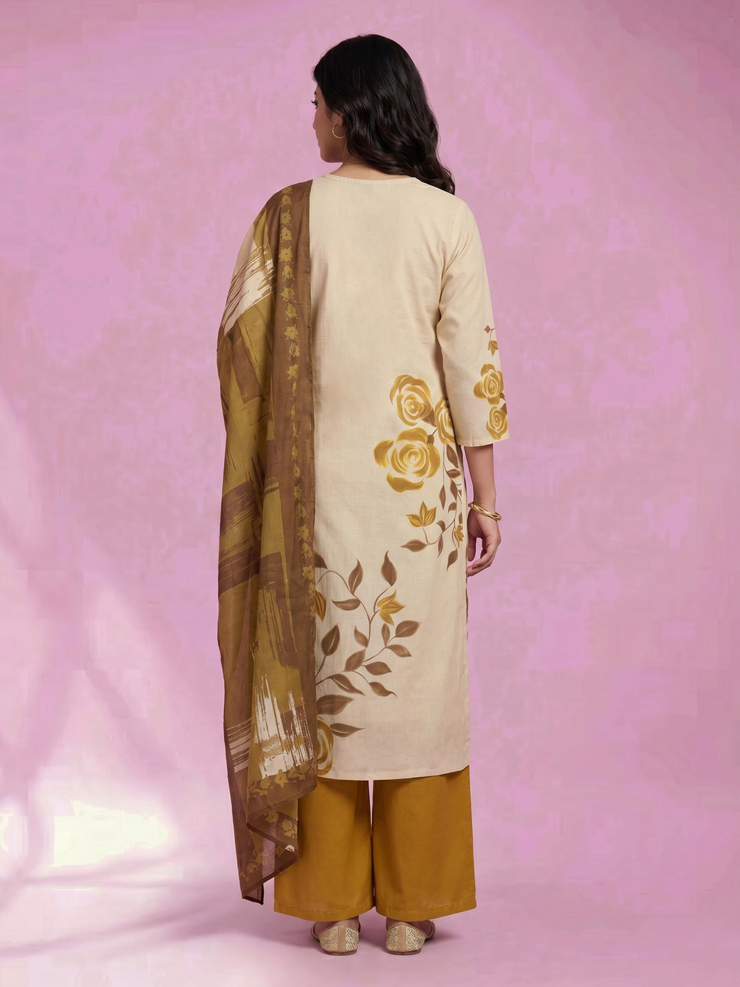 Cream Mehndi Floral Print Cotton Blend V Neck Suit Set