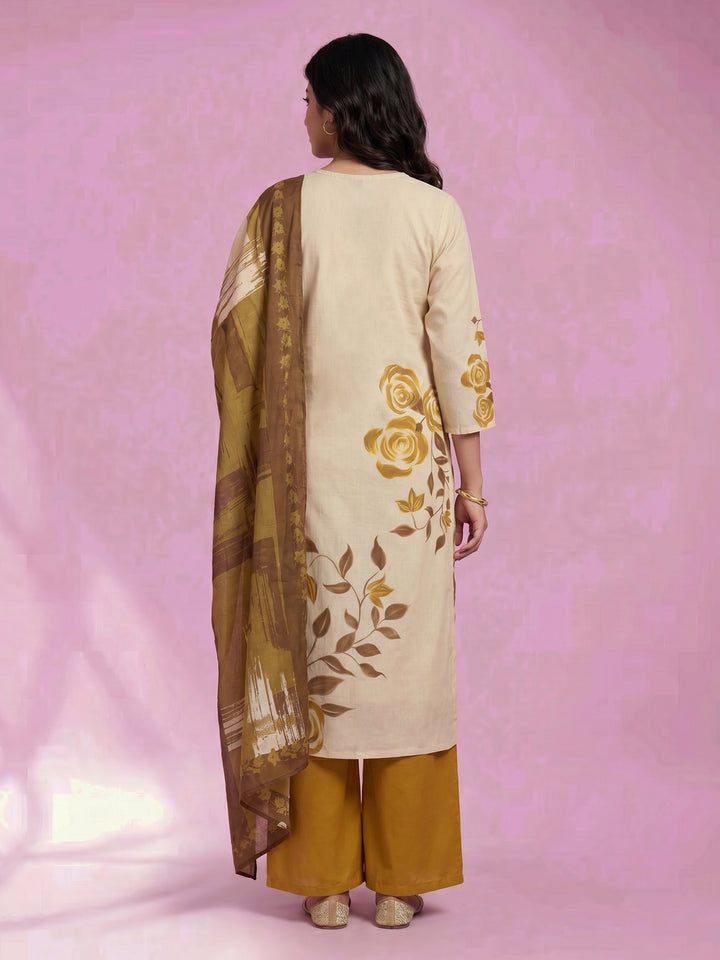 Cream Mehndi Floral Print Cotton Blend V Neck Suit Set