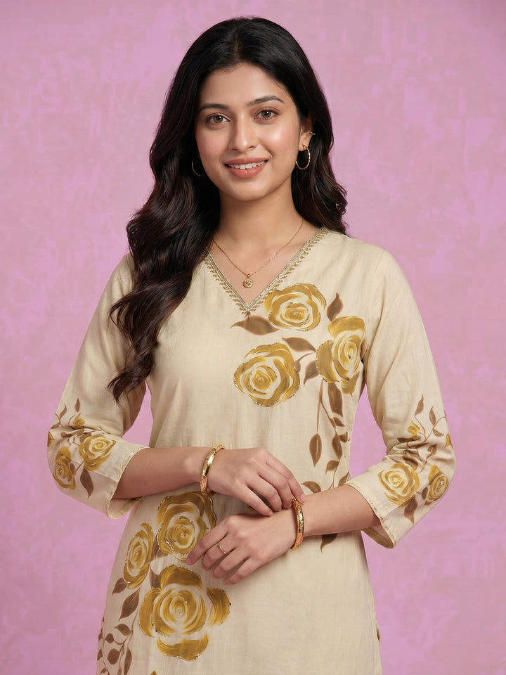 Cream Mehndi Floral Print Cotton Blend V Neck Suit Set