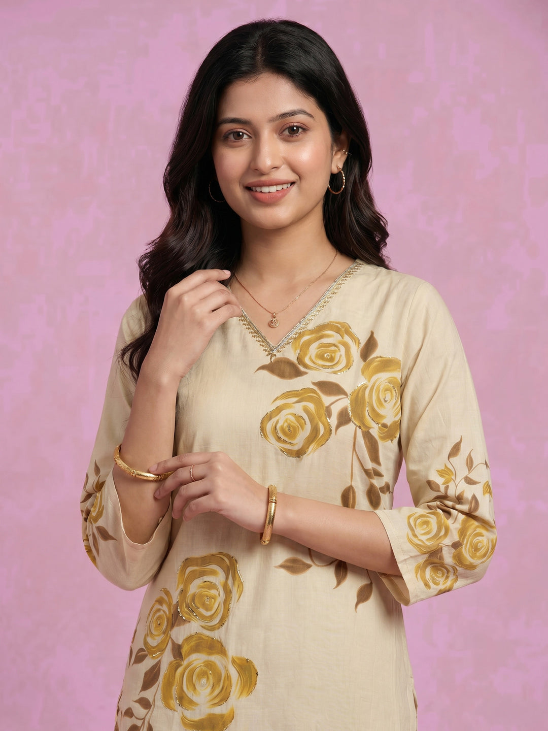 Cream Mehndi Floral Print Cotton Blend V Neck Suit Set