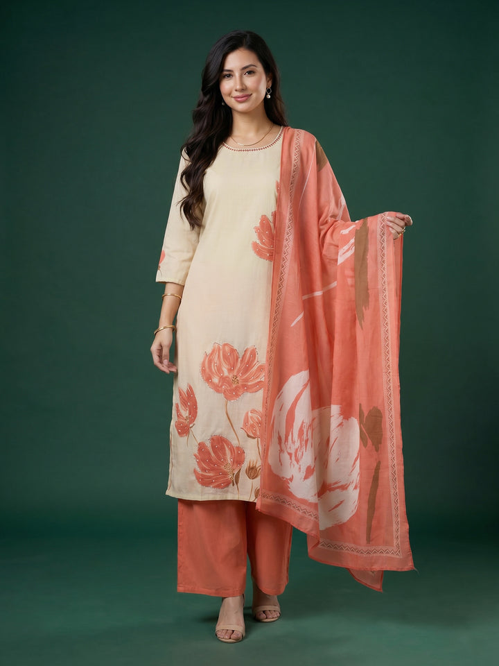 Cream Pink Floral Print Cotton Blend V Neck Suit Set