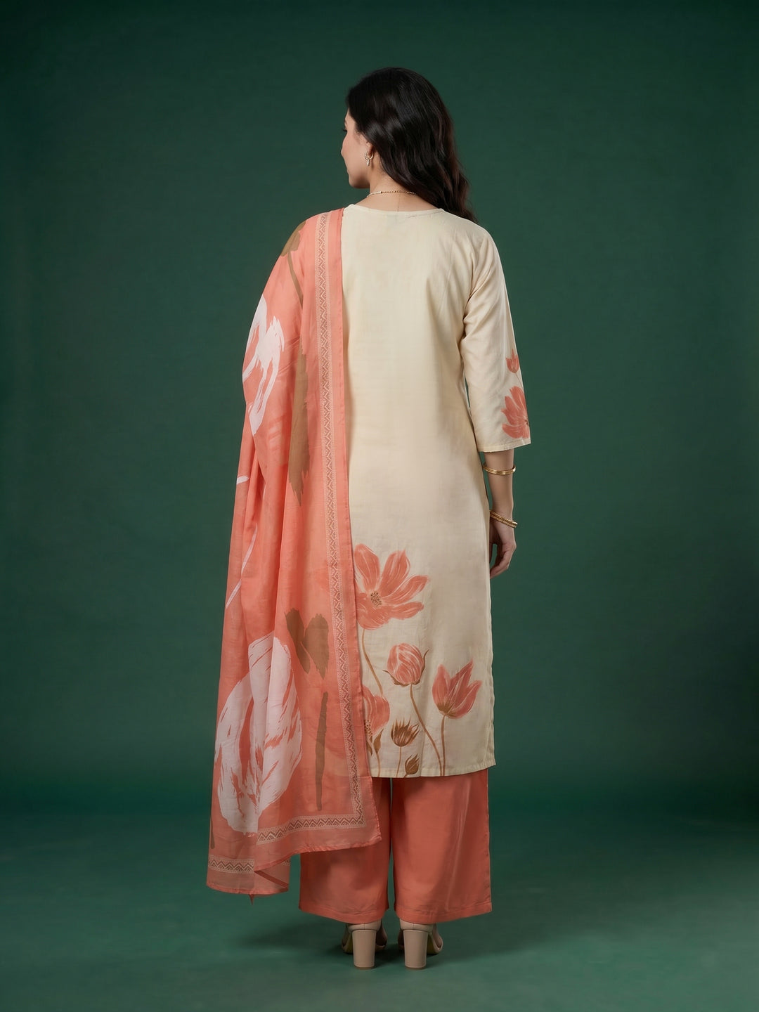 Cream Pink Floral Print Cotton Blend V Neck Suit Set