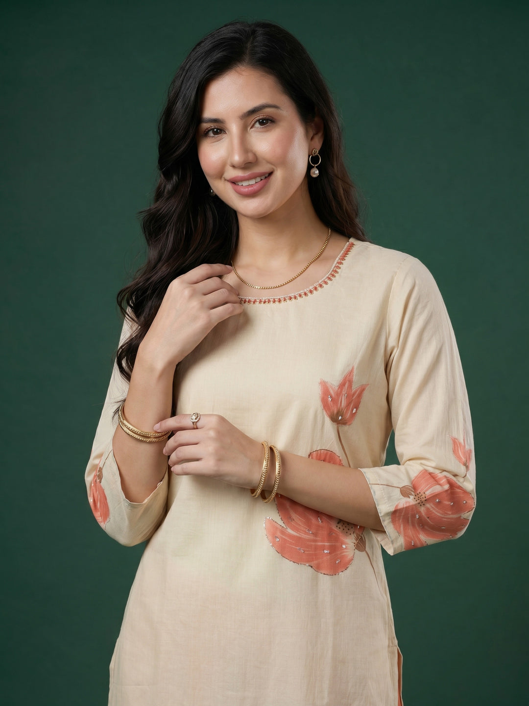 Cream Pink Floral Print Cotton Blend V Neck Suit Set