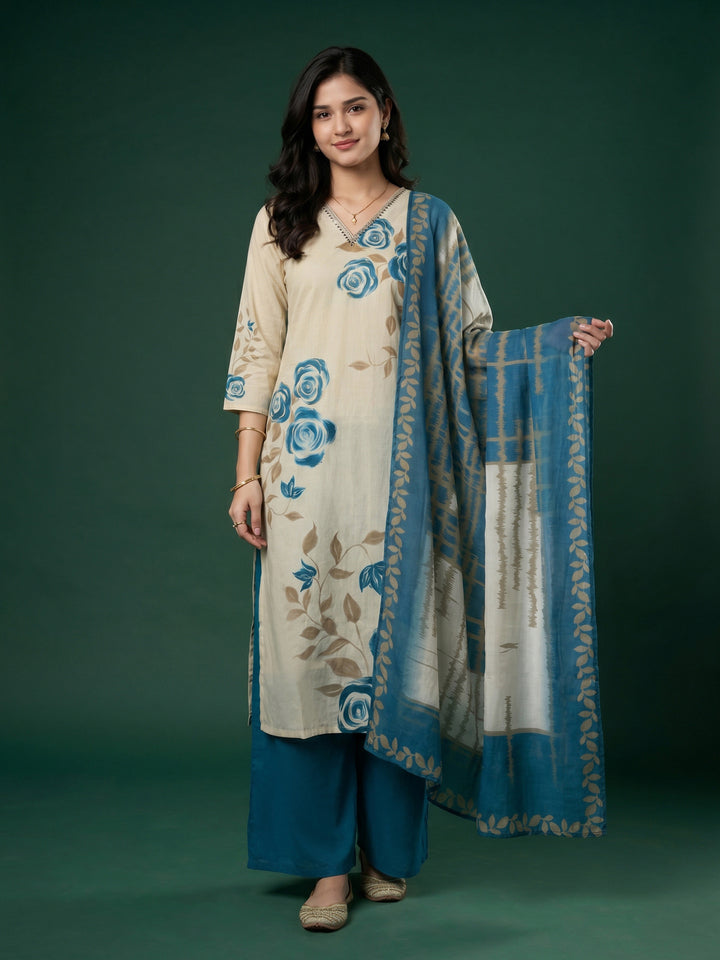 Cream Blue Floral Print Cotton Blend V Neck Suit Set