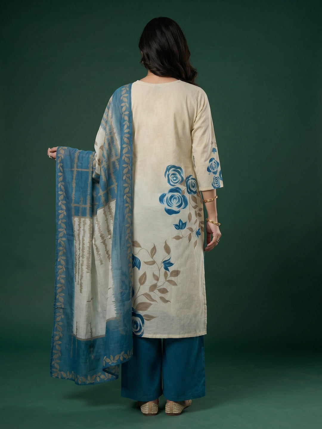 Cream Blue Floral Print Cotton Blend V Neck Suit Set