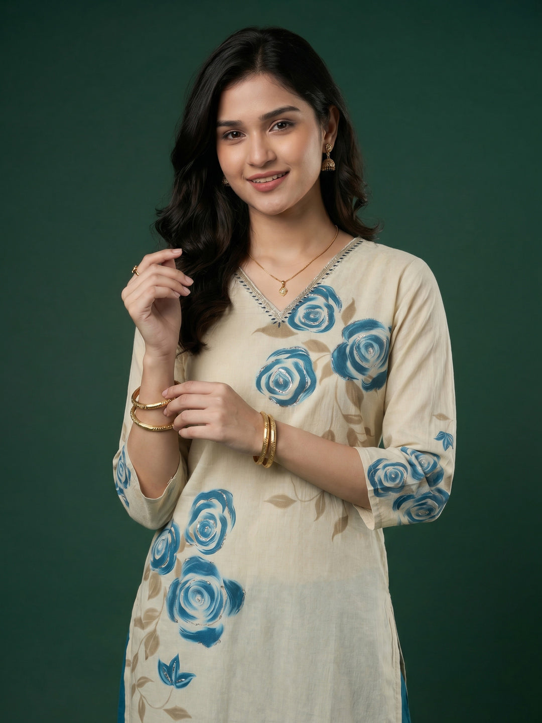 Cream Blue Floral Print Cotton Blend V Neck Suit Set