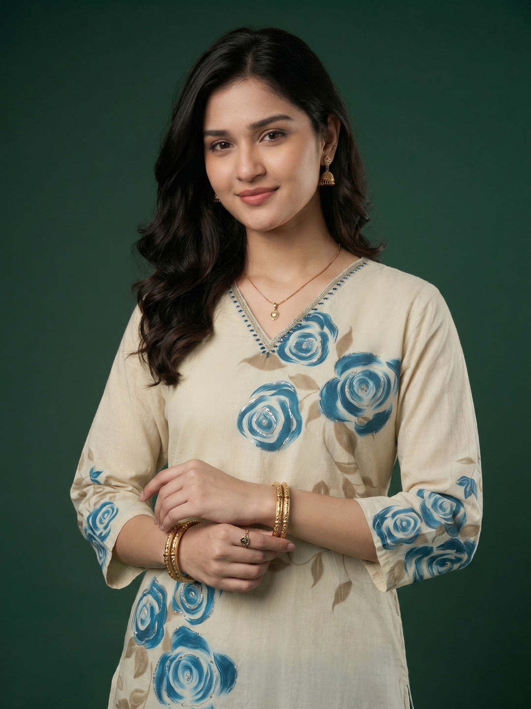 Cream Blue Floral Print Cotton Blend V Neck Suit Set