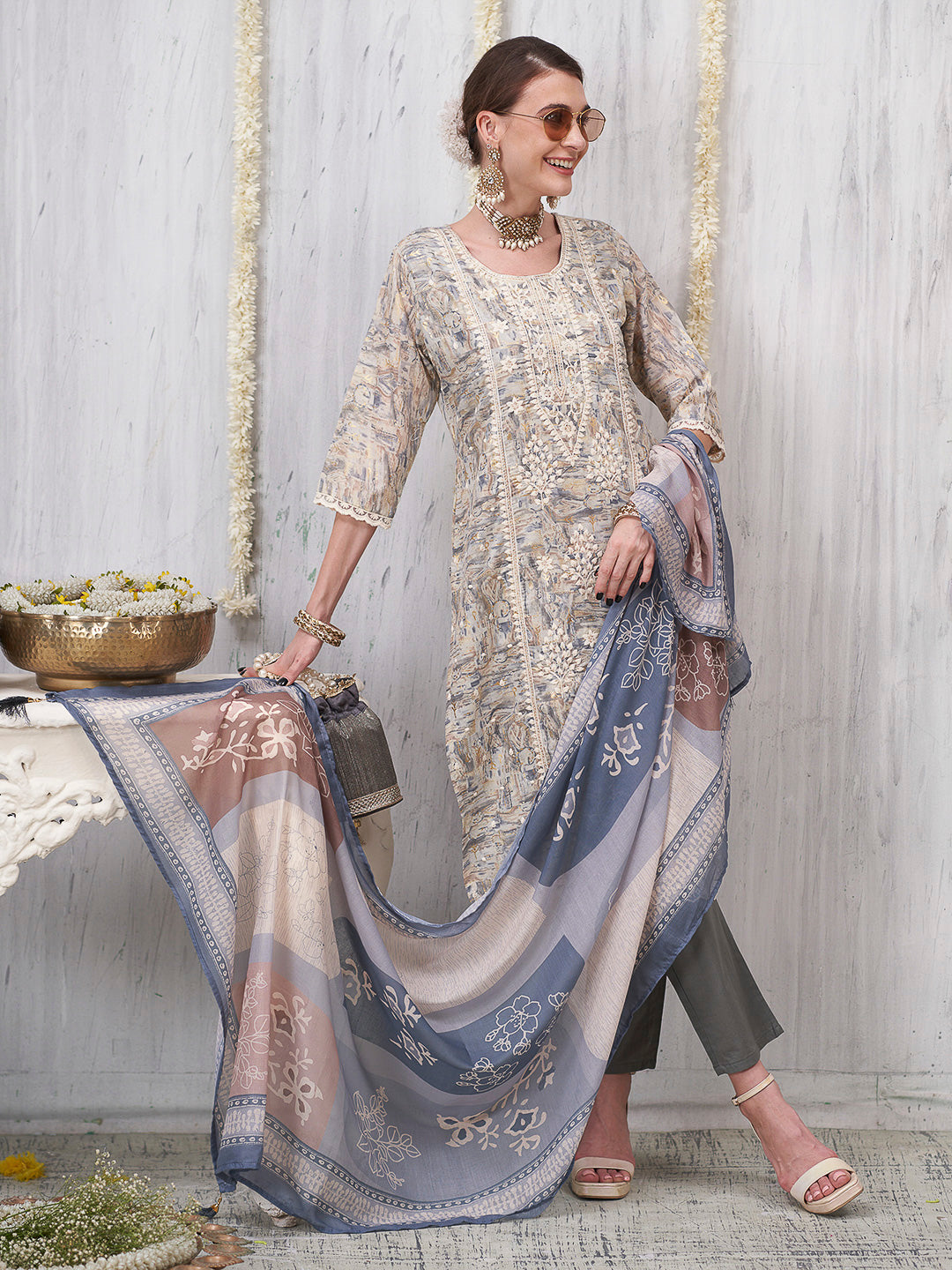 Cream-Grey Embroidered Cotton Blend Kurta With Pant &amp; Dupatta
