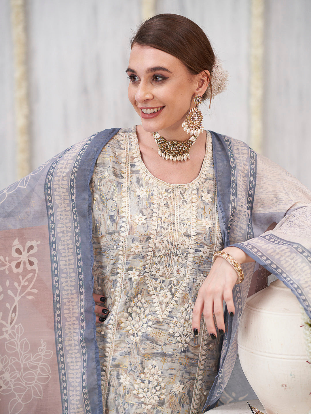 Cream-Grey Embroidered Cotton Blend Kurta With Pant &amp; Dupatta