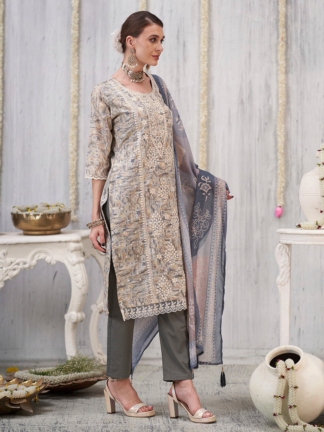 Cream-Grey Embroidered Cotton Blend Kurta With Pant &amp; Dupatta
