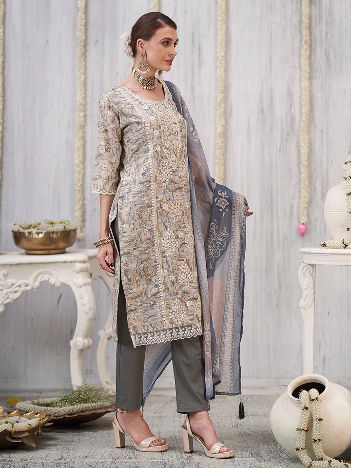 Cream-Grey Embroidered Cotton Blend Kurta With Pant &amp; Dupatta