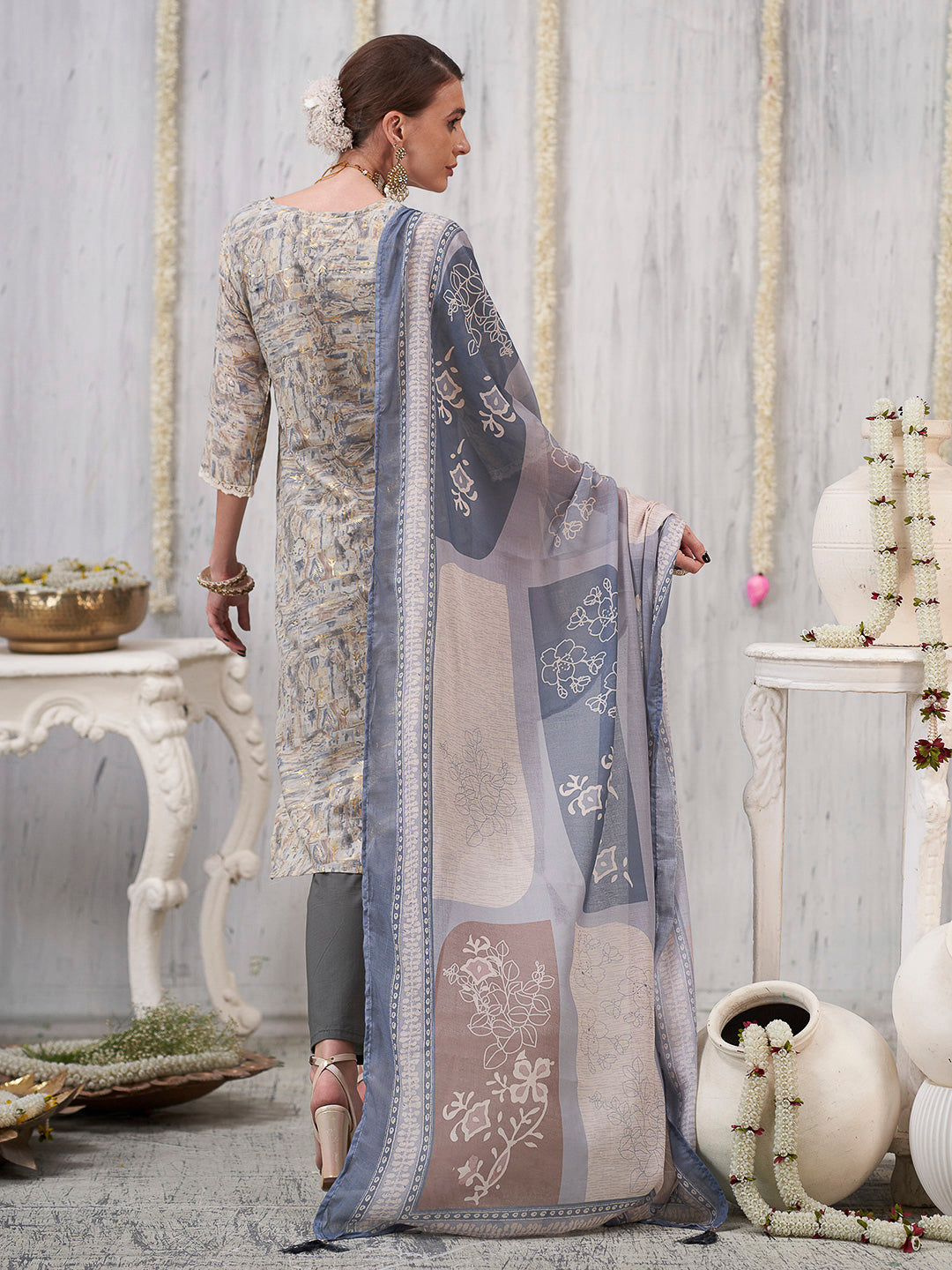 Cream-Grey Embroidered Cotton Blend Kurta With Pant &amp; Dupatta