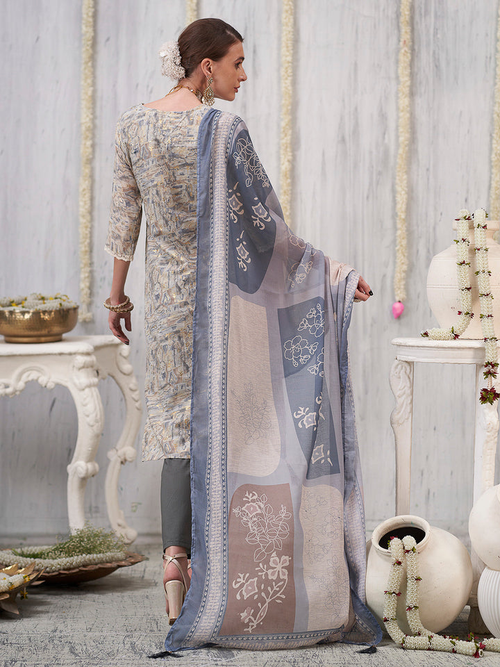 Cream-Grey Embroidered Cotton Blend Kurta With Pant &amp; Dupatta