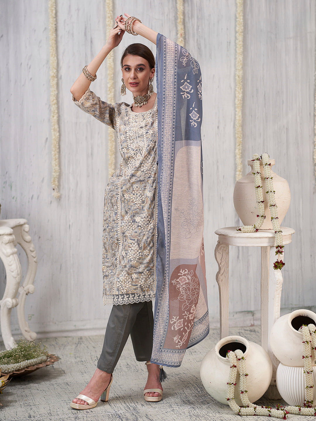 Cream-Grey Embroidered Cotton Blend Kurta With Pant &amp; Dupatta