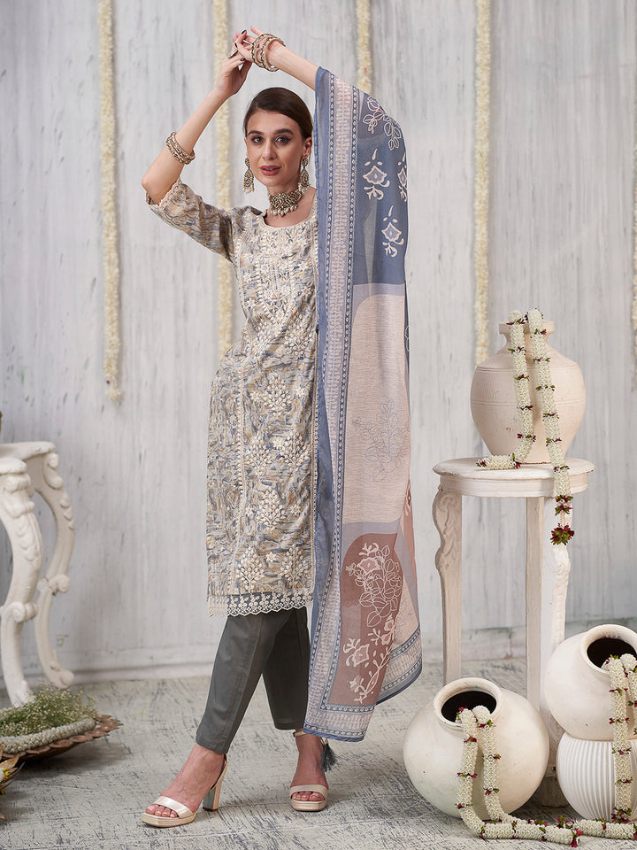 Cream-Grey Embroidered Cotton Blend Kurta With Pant &amp; Dupatta