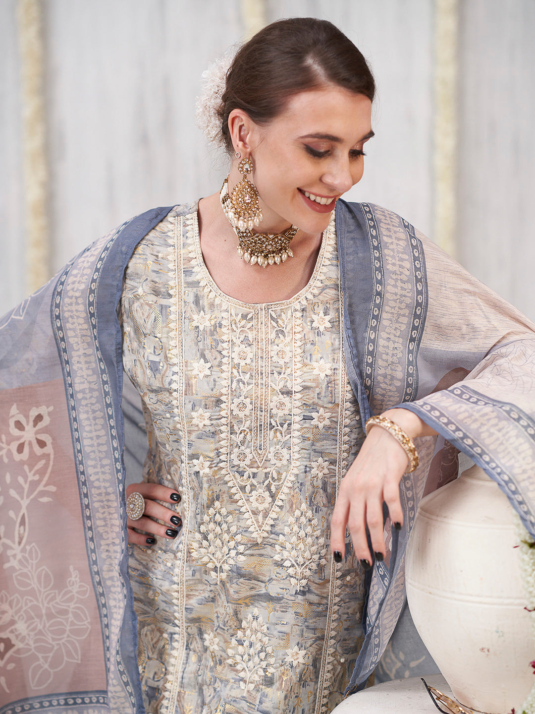 Cream-Grey Embroidered Cotton Blend Kurta With Pant &amp; Dupatta