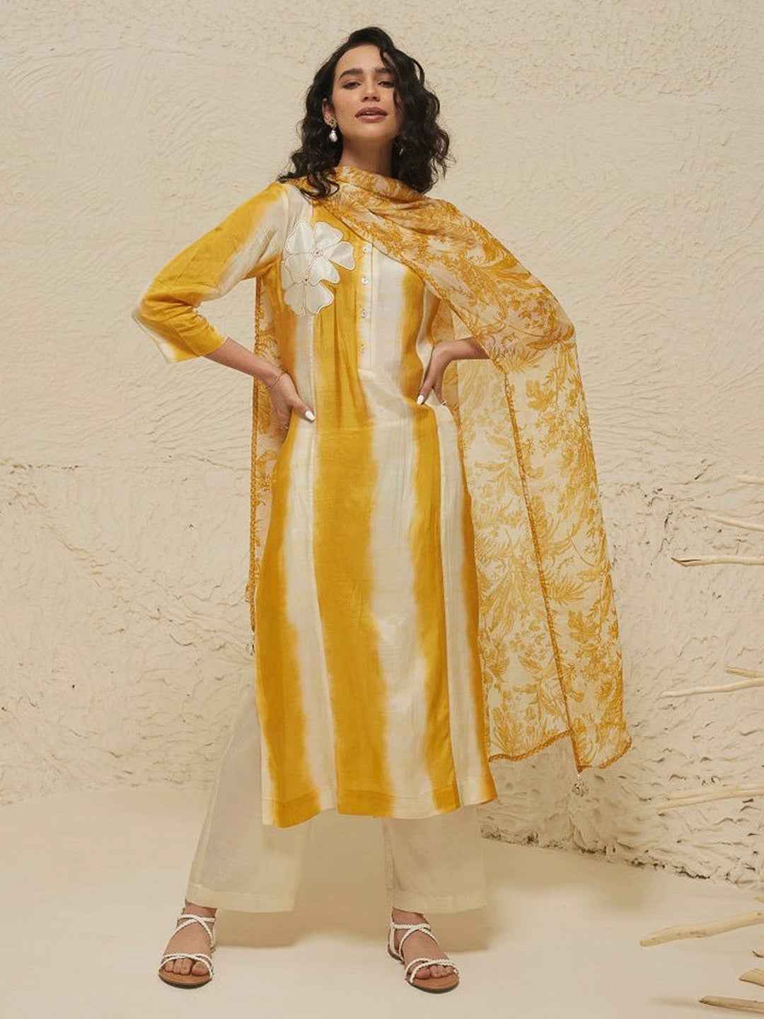 Yellow Embroidered Cotton Blend Kurta With Pant &amp; Dupatta
