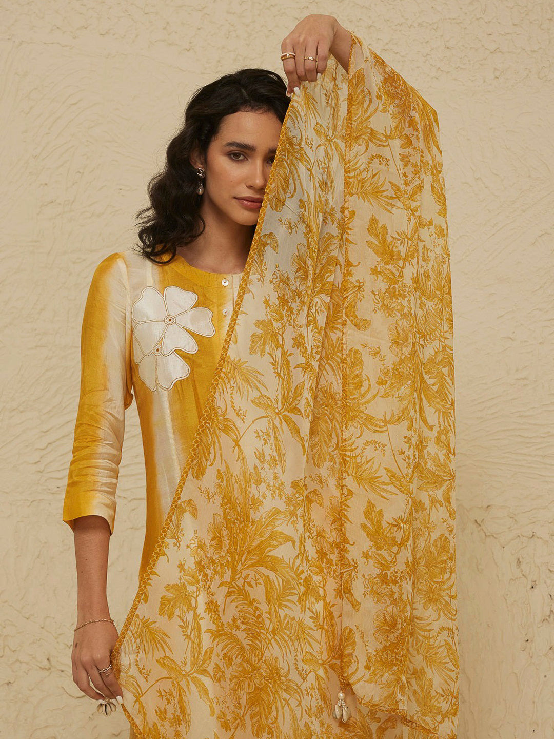 Yellow Embroidered Cotton Blend Kurta With Pant &amp; Dupatta