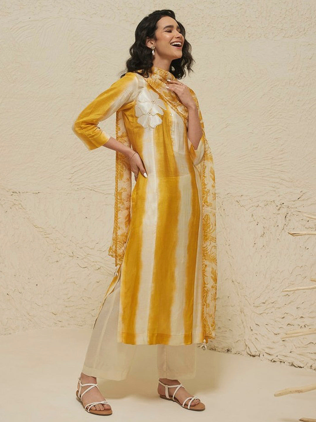 Yellow Embroidered Cotton Blend Kurta With Pant &amp; Dupatta