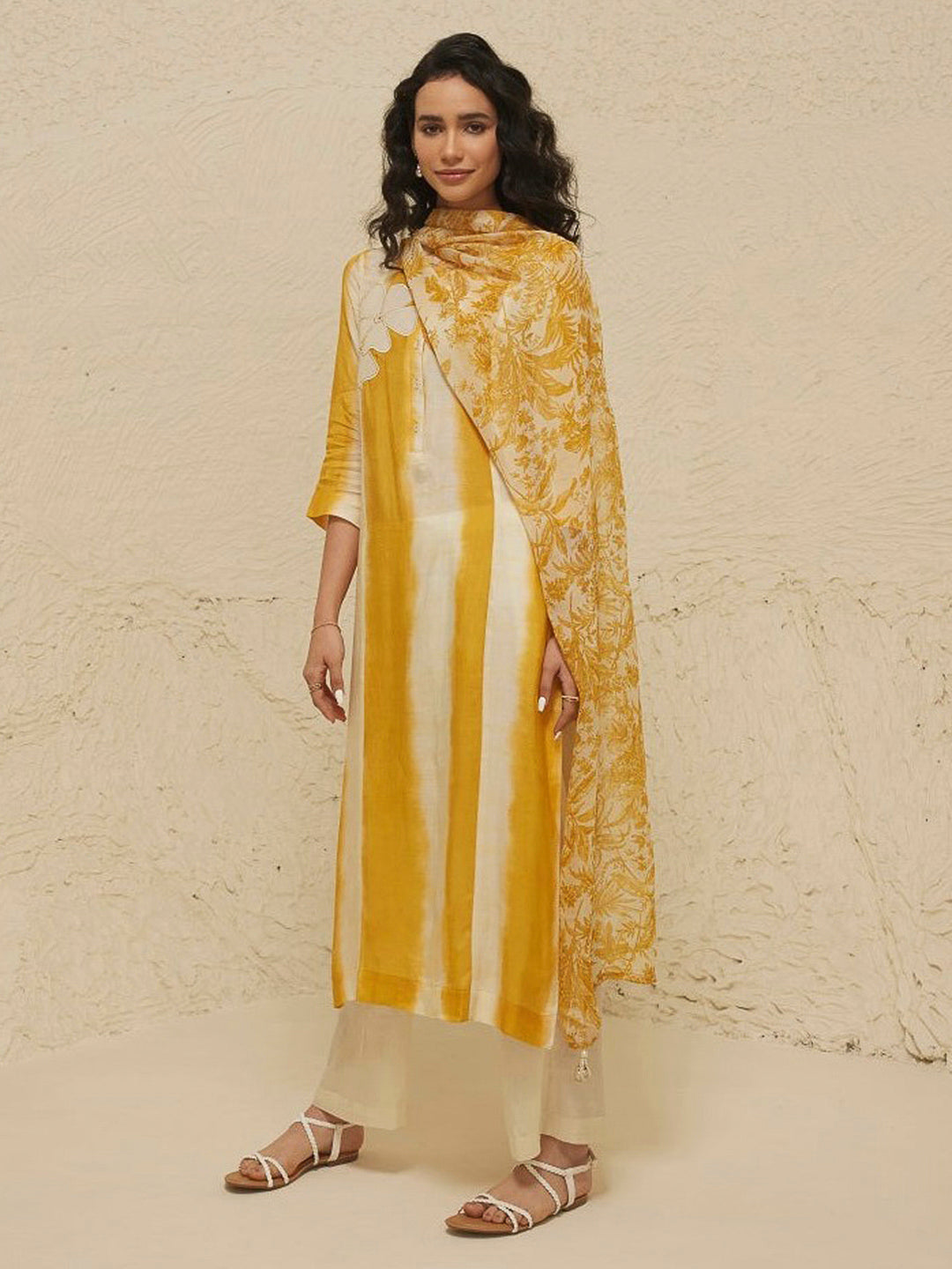 Yellow Embroidered Cotton Blend Kurta With Pant &amp; Dupatta