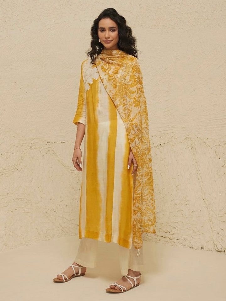 Yellow Embroidered Cotton Blend Kurta With Pant &amp; Dupatta